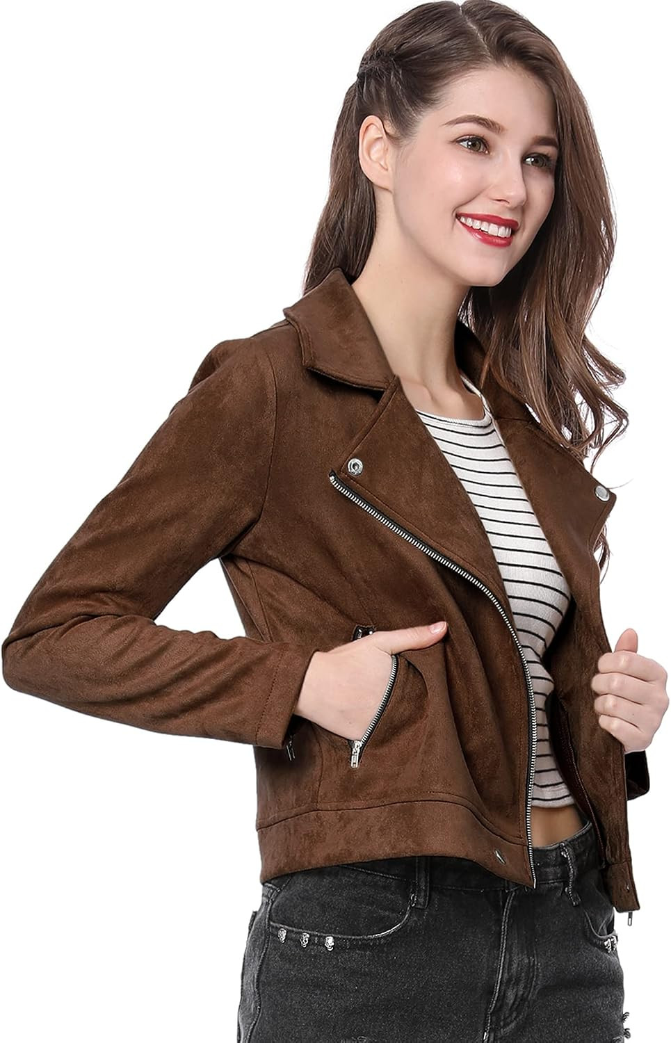 Allegra K Women's Faux Suede Jacket Long Sleeve Zip Up Lapel Outerwear | Amazon (US)