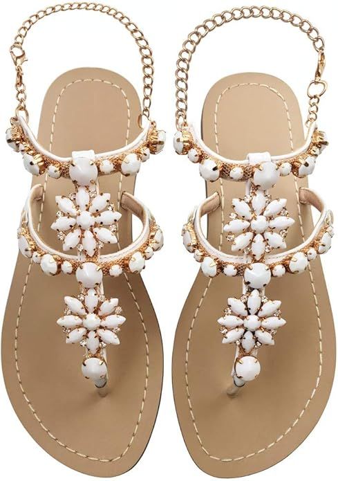 Women's Crystal with Rhinestone Bohemia Flip Flops Summer Beach Flat Sandals | Amazon (US)