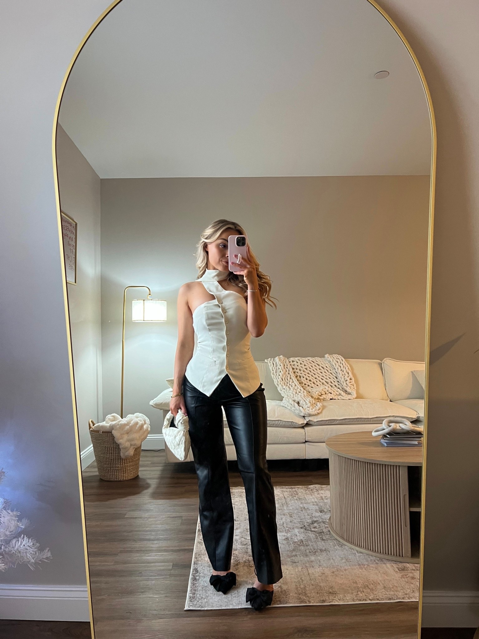 Exact leather pants are Free People, exact shoes and bag are Zara. Linked similar!
