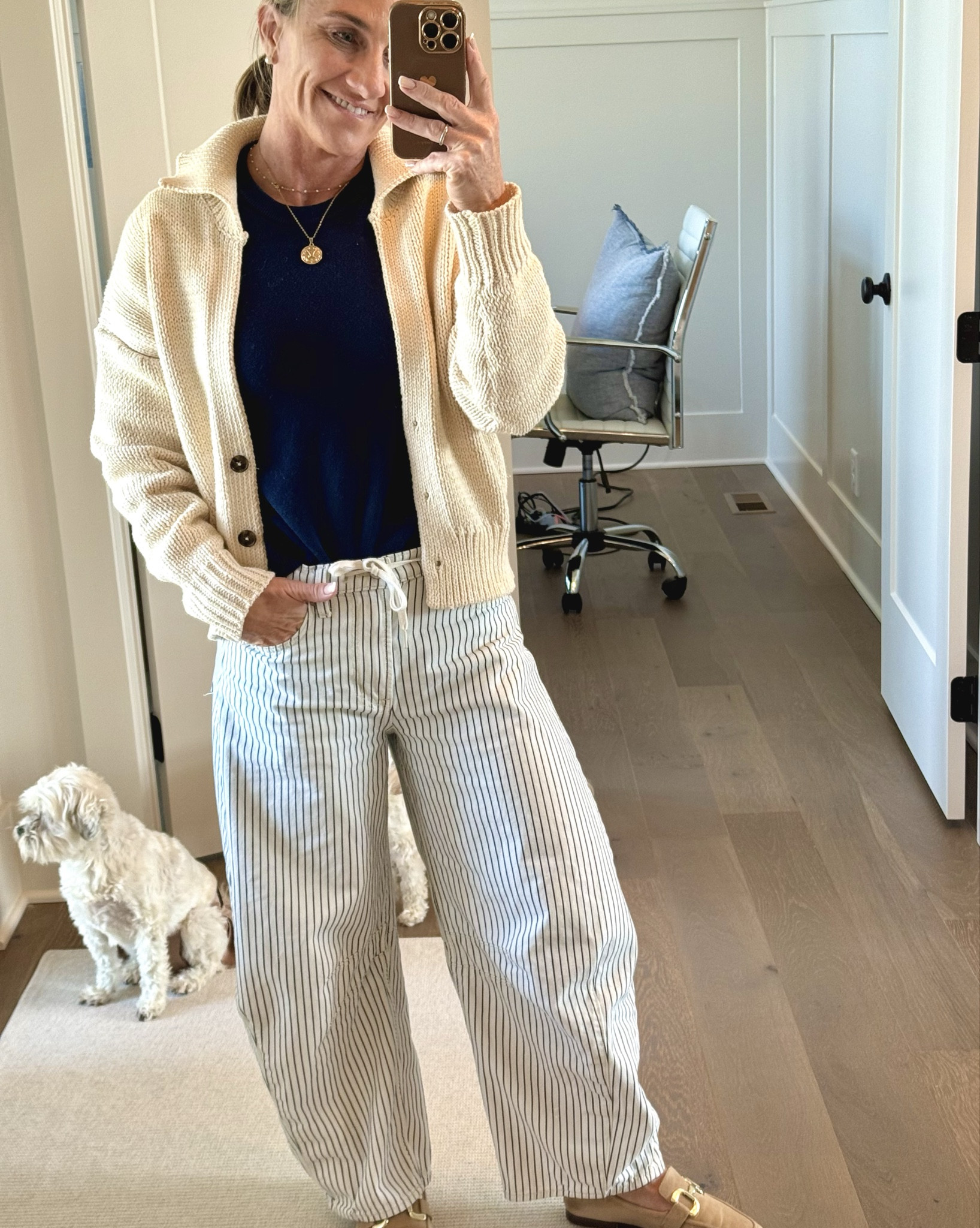 Cozy knit + relaxed stripes + a fun back detail = 👌.  Sweater is on sale!  Couldn’t find the exact pants, but found a really close option.  Pants  are the high-rise horseshoe soft denim. 🩵🧲



#LTKPetite #LTKOver40 #LTKootd