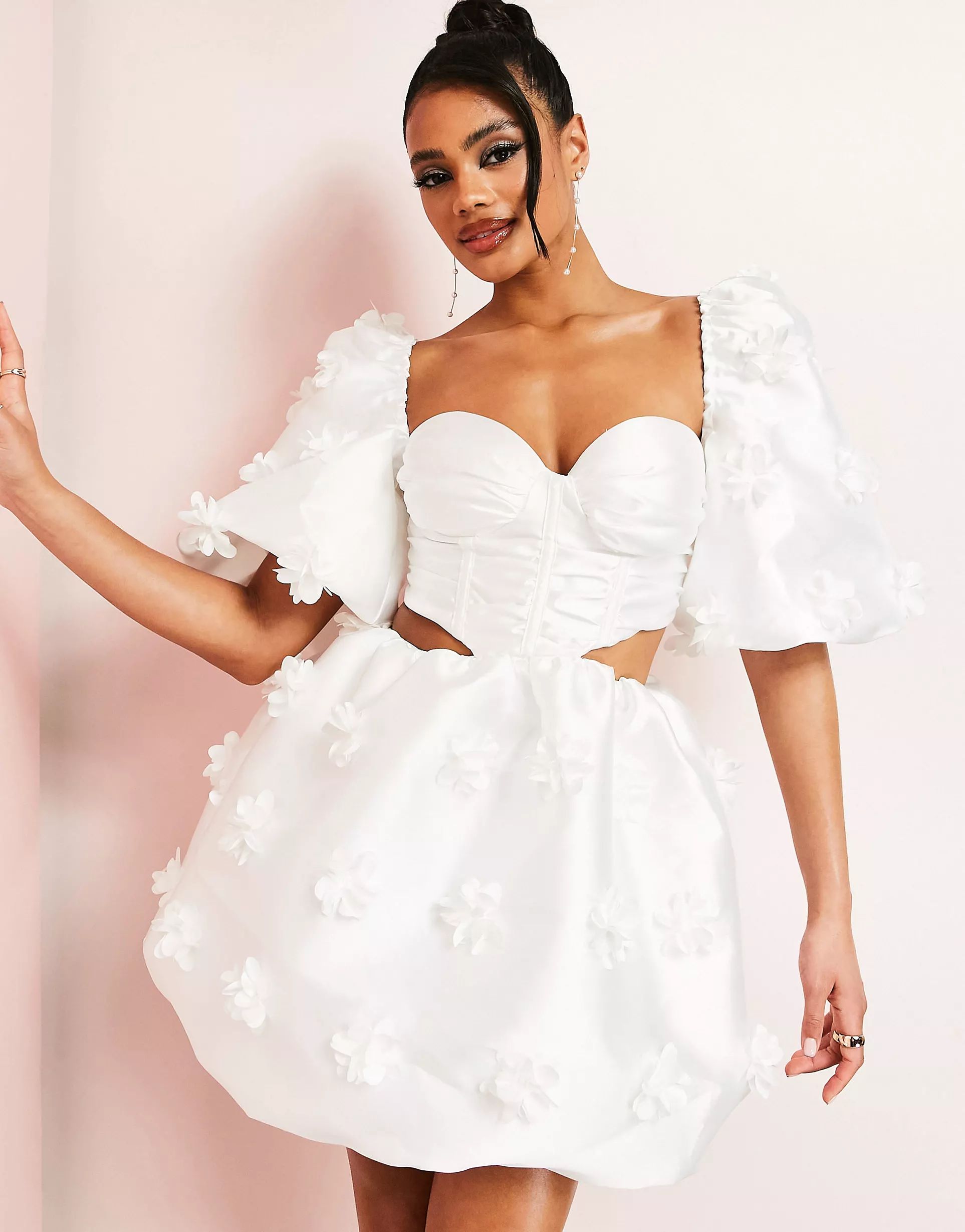 ASOS LUXE sweetheart corsetted puff sleeve mini dress with 3d flowers in white | ASOS | ASOS (Global)