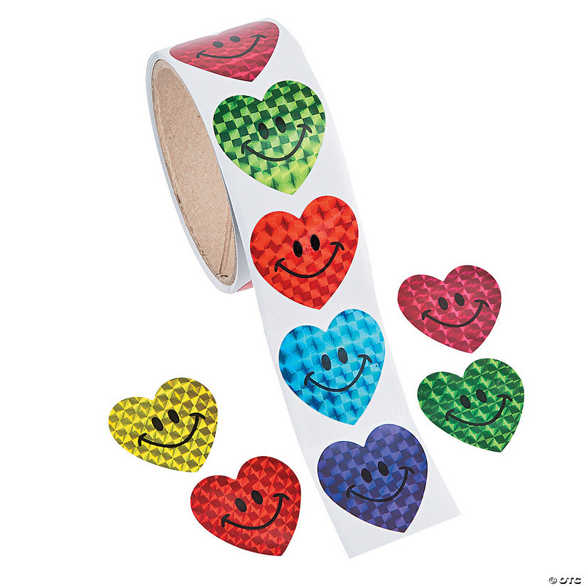1 1/2" Valentine's Day Smile Face PrismHeart Sticker Roll - 100 Pc. | Oriental Trading Company