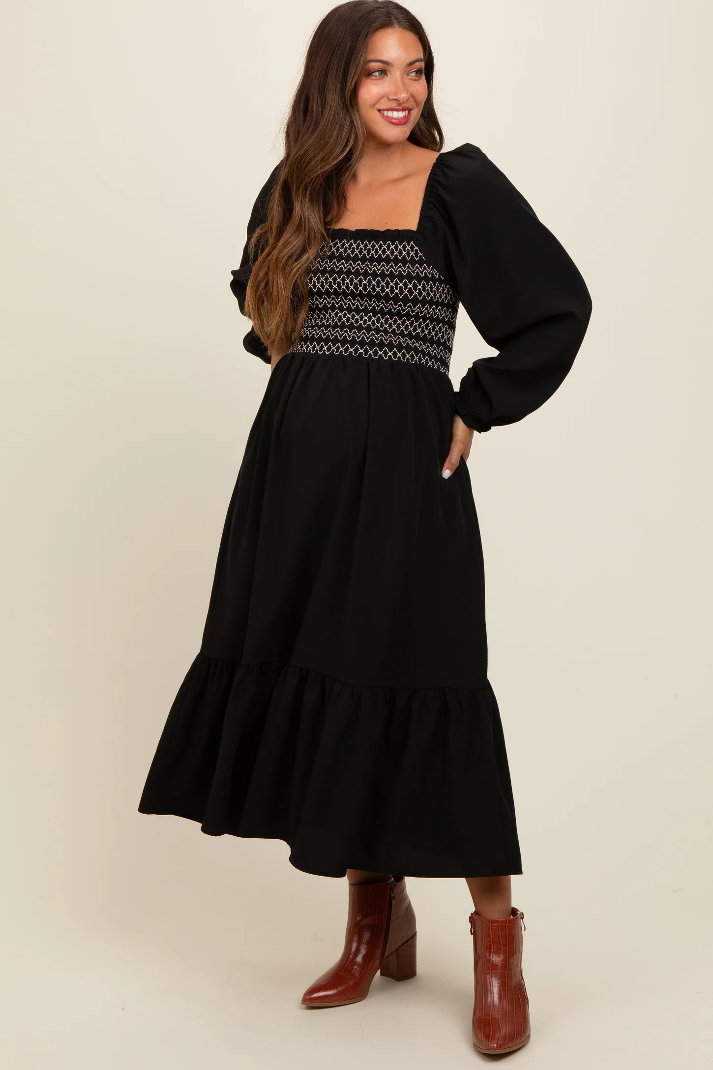 Black Contrast Smocked Balloon Sleeve Maternity Midi Dress | PinkBlush Maternity