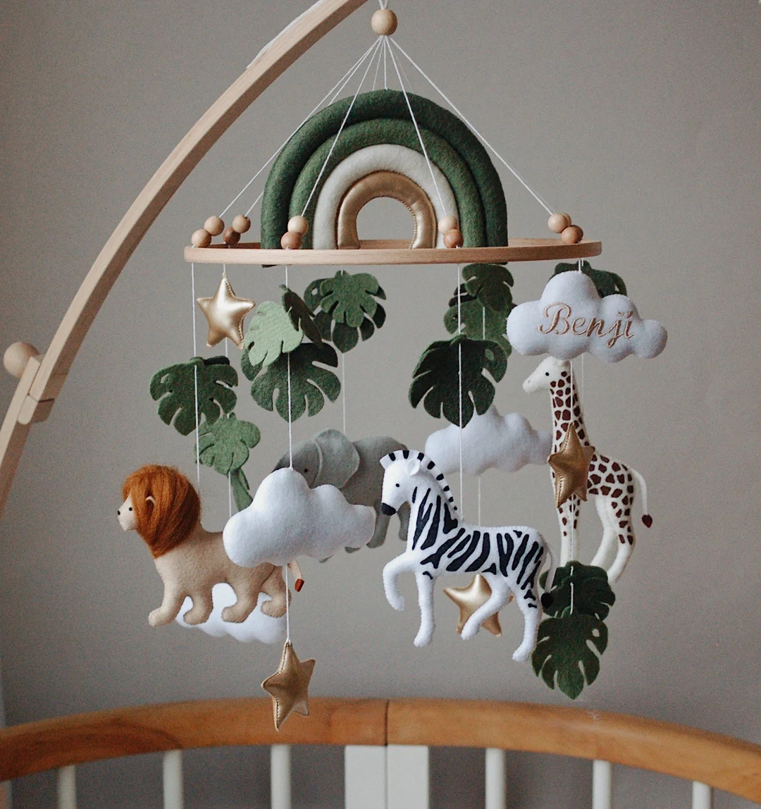 Baby safari mobile with embroidered spots on animals | Africa nursery felt giraffe lion zebra ele... | Etsy (US)