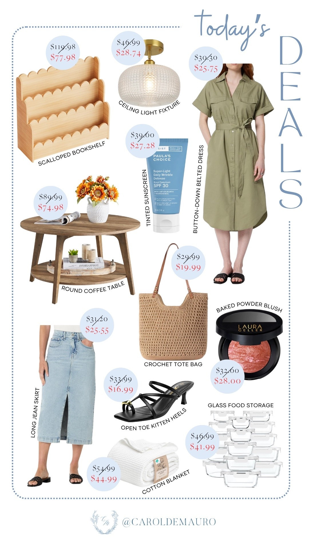 Today's deals are too good — a scalloped bookshelf, round coffee table, crochet tote, and kitten heels all marked down; plus a Paula's Choice tinted sunscreen for under $28! The olive belted dress and long jean skirt are giving summer versatility for the price.

daily deals, deals of the day, sale finds, home decor deals, fashion deals, summer style, affordable finds, today's sales
