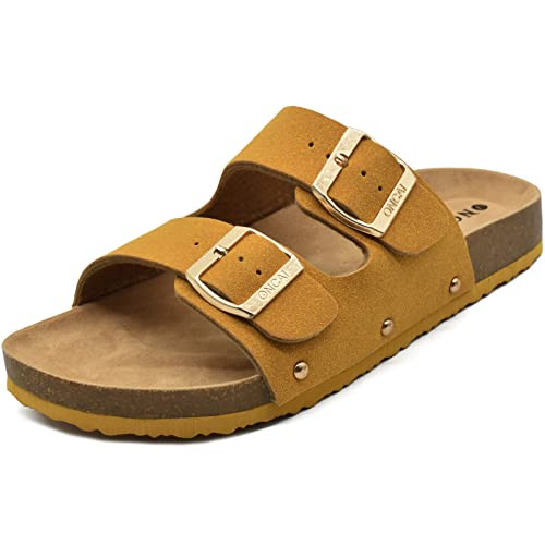 ONCAI Womens Comfortable Sandals Knock Off Clogs Sandals Women Dressy Summer Flat with Arch Support Two Strap Slip On Adjustable Buckle Slides Shoes for Women Yellow Size 8 | Amazon (US)