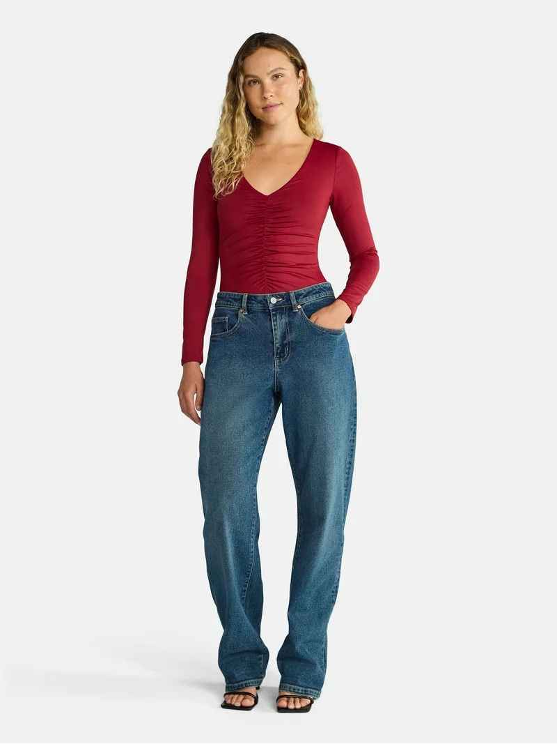 Madden NYC Women's Ruched Sculpting Bodysuit with Long Sleeves, Sizes XXS-XXL | Walmart (US)