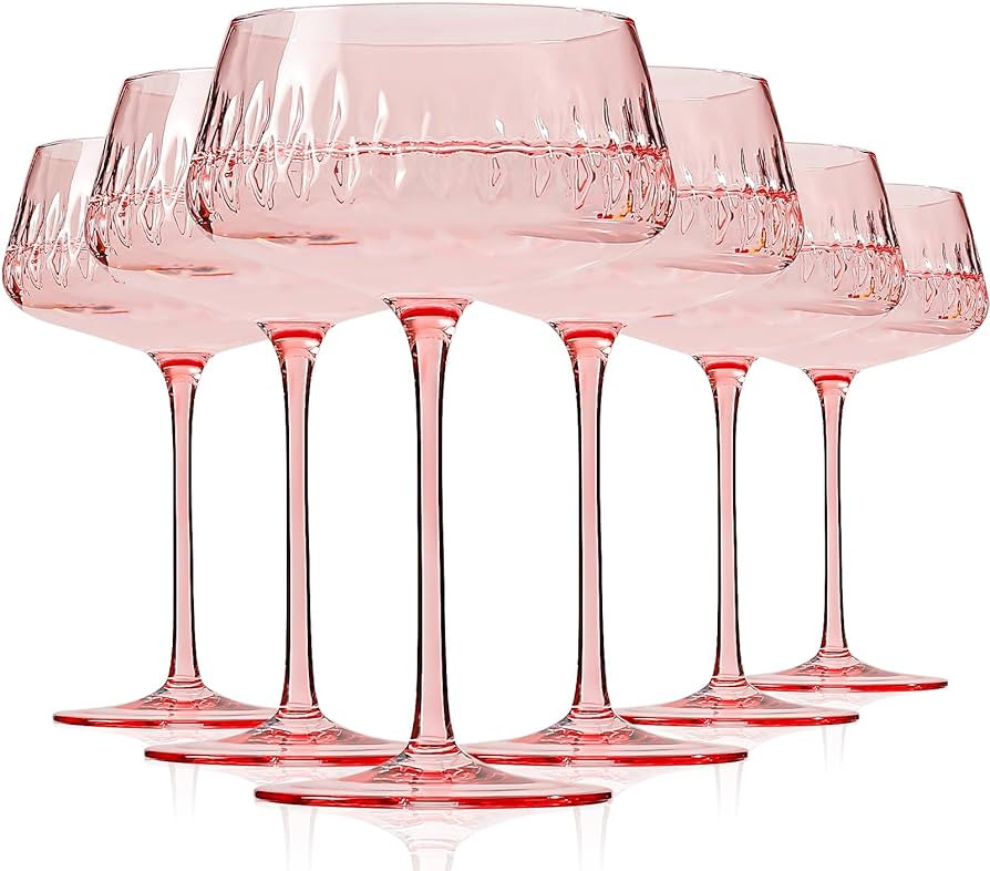 Pink Martini Glasses Set of 6, Hand Blown Colored Cocktail Glass 14Oz, Large Vintage Champagne Co... | Amazon (US)