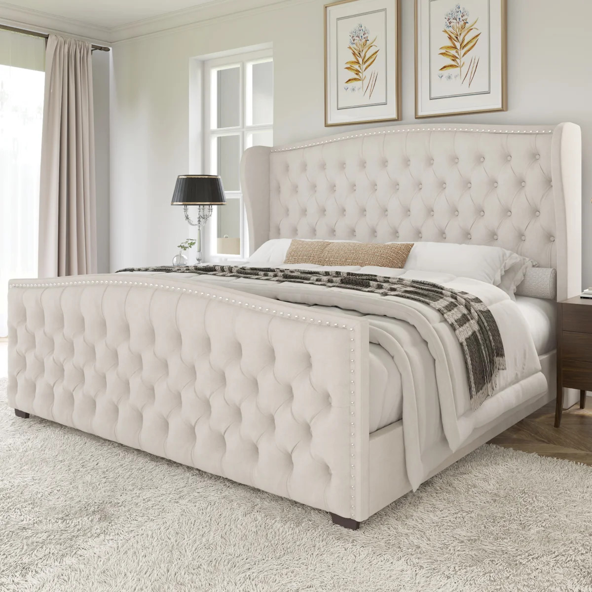 DuJuan Deep Button Tufted Upholstered Queen Bed with Nailhead Trim Wingback Headboard, Cream | Wayfair North America