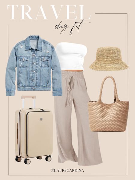 This travel day fit includes a white tube top paired with flowy wide-leg pants, a denim jacket, straw hat, woven tote bag, and carry on suitcase.

ootd, travel outfit, travel style, vacation style, resort wear

#LTKfindsunder50 #LTKtravel #LTKstyletip