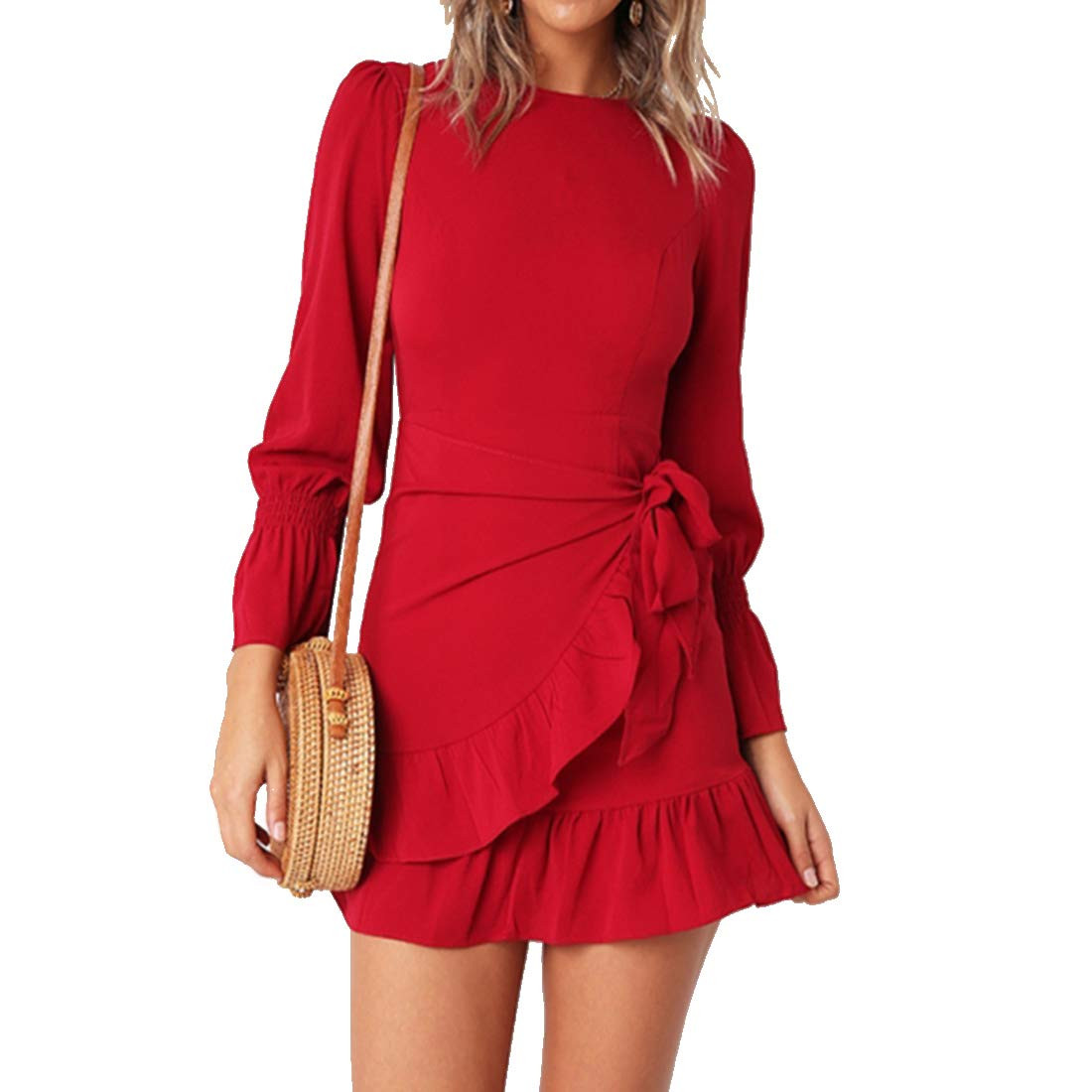 Womens Long Sleeve Round Neck Ruffles Wrap Dresses Party Dress | Amazon (US)