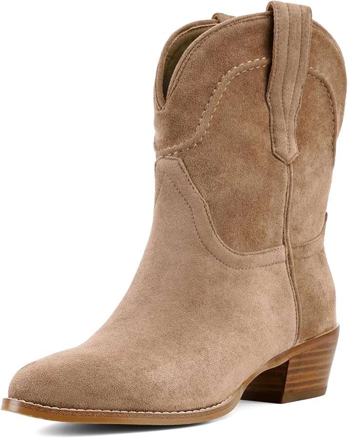 Cowboy Ankle Boots for Women, Suede Western with Pointed Toe Classic Vintage Low Chunky Heel, Fas... | Amazon (US)