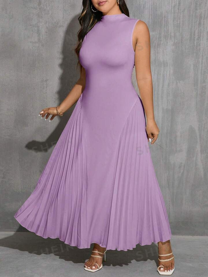 SHEIN Privé Plus Size Summer Elegant Pleated Round Neck Sleeveless Fitted A-Line Loose Women's A... | SHEIN