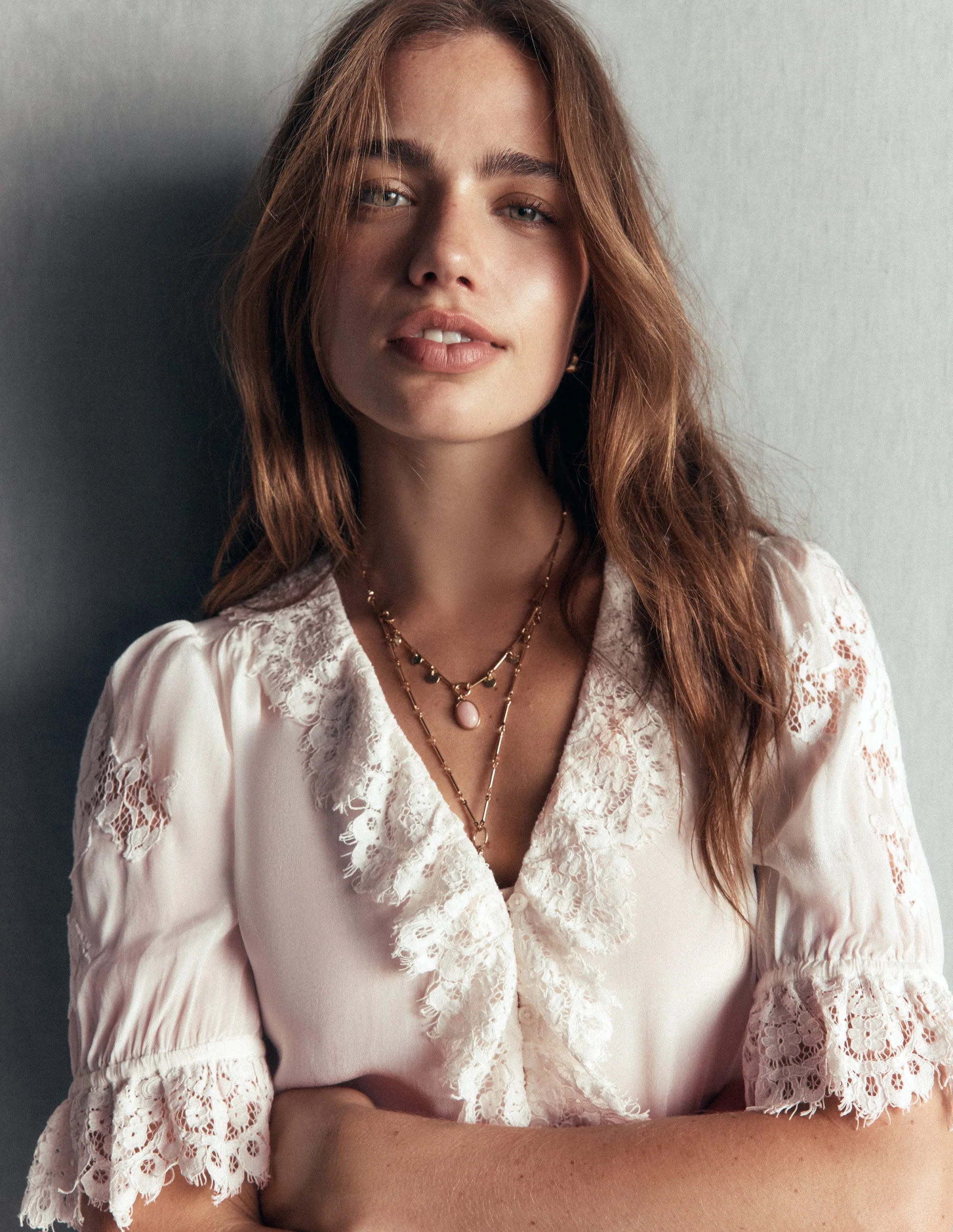 Ruffle V-neck Lace Top-Ivory | Boden UK