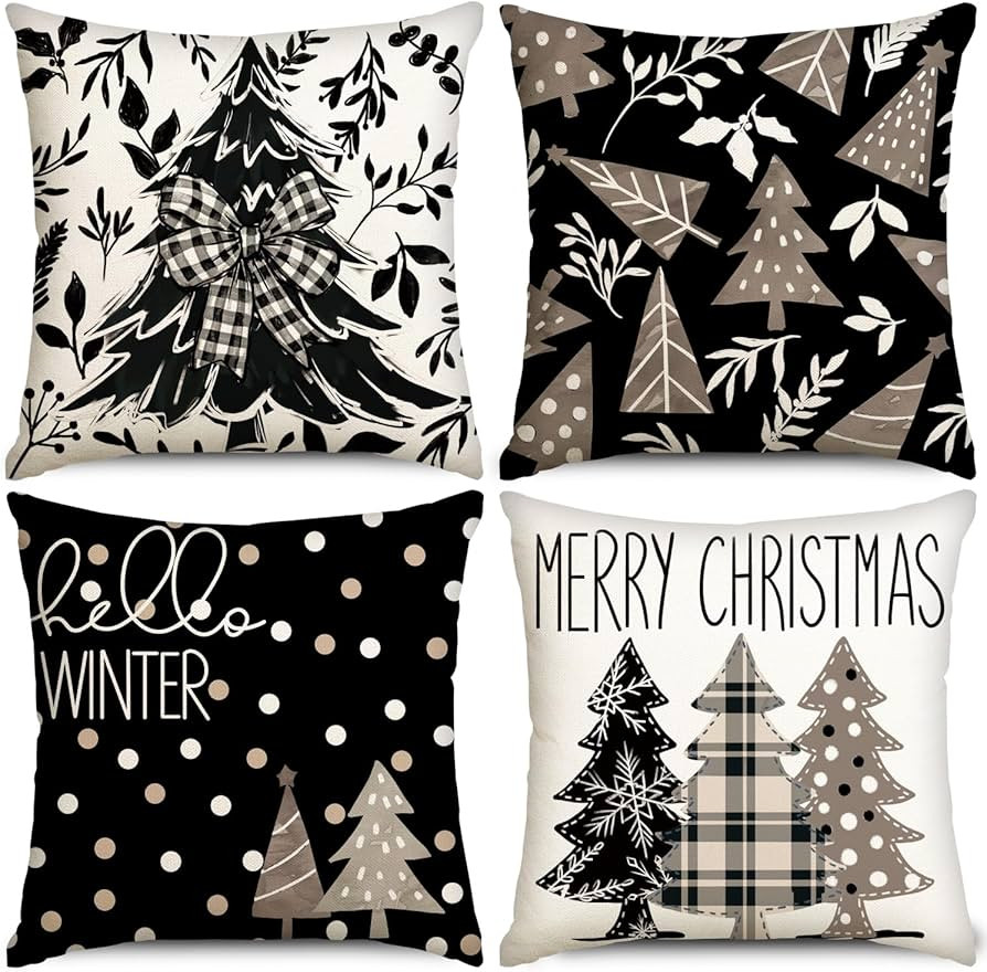 4pcs Christmas Pillow Covers Decorations, 18x18in Black Merry Christmas Tree Pillow Case Hello Wi... | Amazon (US)