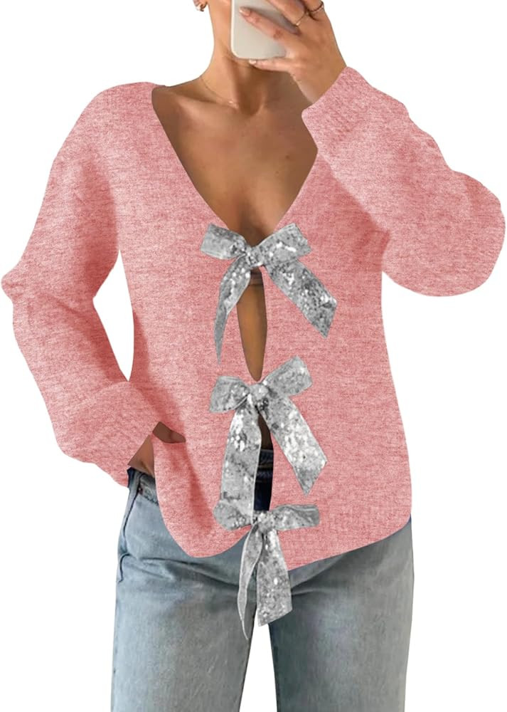 Saodimallsu Womens V Neck Long Sleeve Sweater Fall Trendy Sequin Bow Cropped Sexy Loose Knit Pull... | Amazon (US)