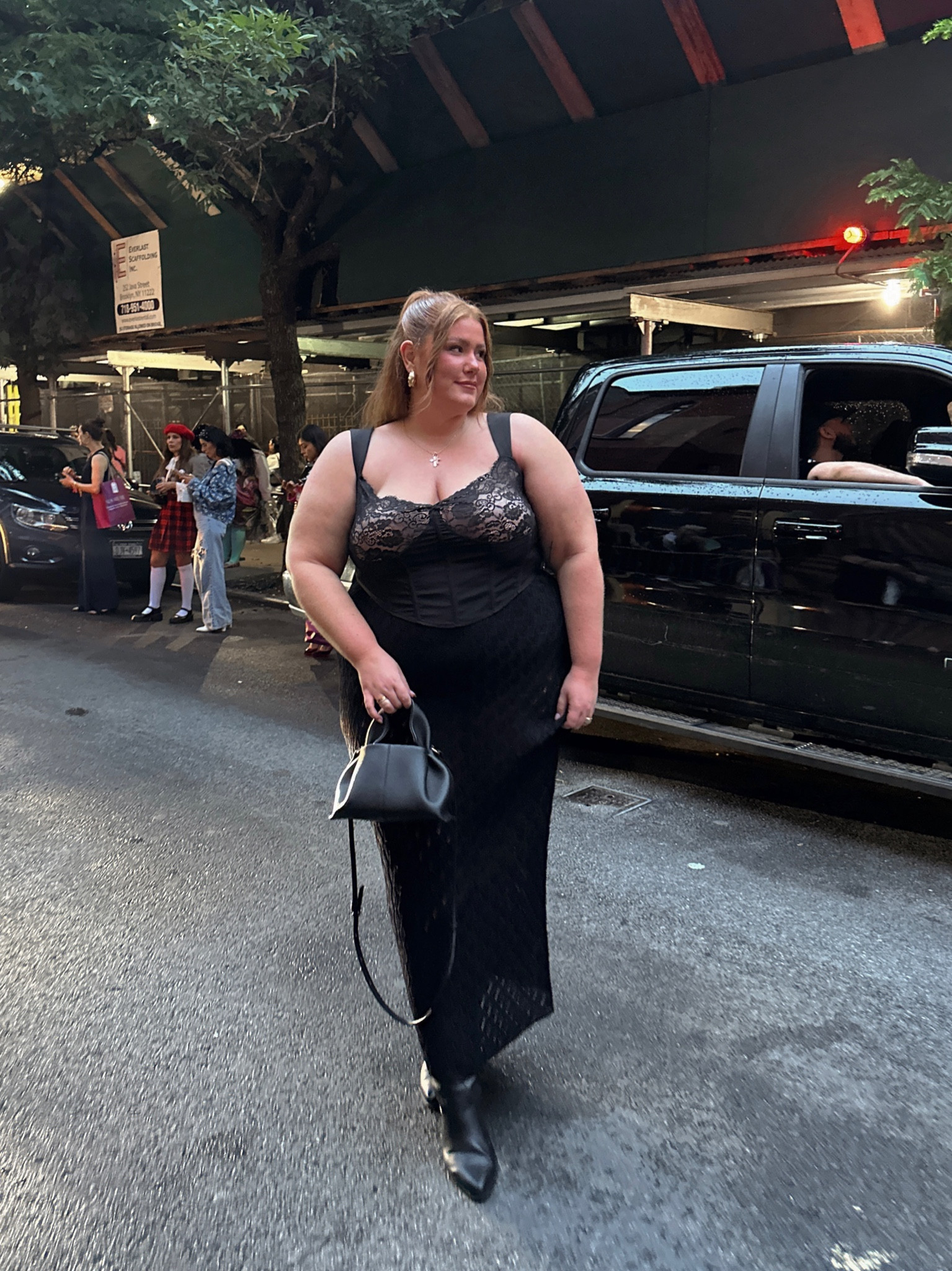 Mandatory nyfw street pic. Plus size all black outfit, lace corset, midi crochet skirt

Bag: polene 
Boots: Billini curve (older)

#LTKplussize #LTKstyletip