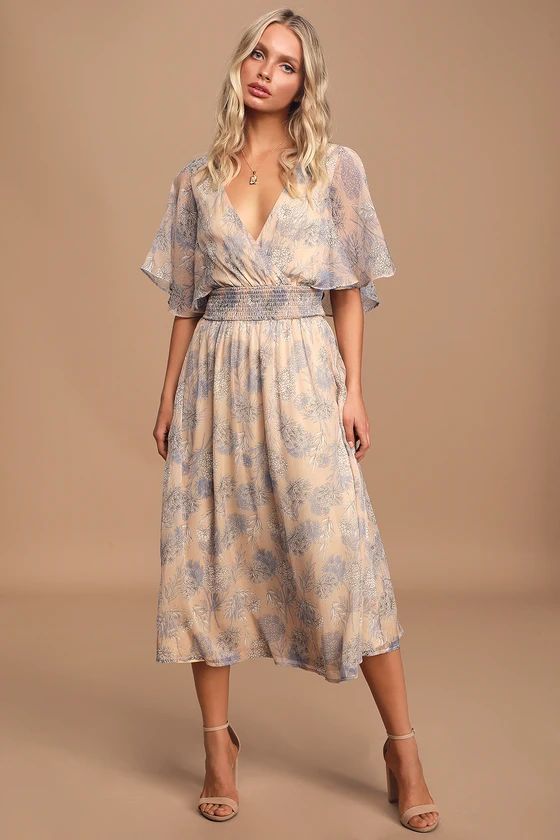 Subtle Romance Beige Floral Print Ruffled Midi Dress | Lulus (US)