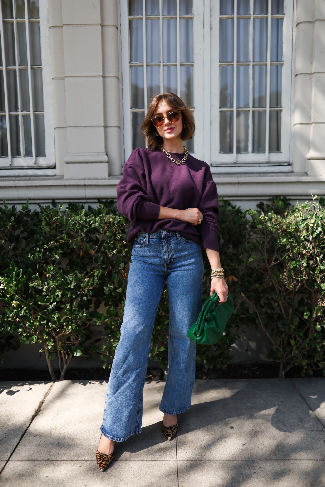 Purple Sweatshirt in XS
Jeans in 25
Leopard heels, green purse, fall outfits 

#LTKSeasonal