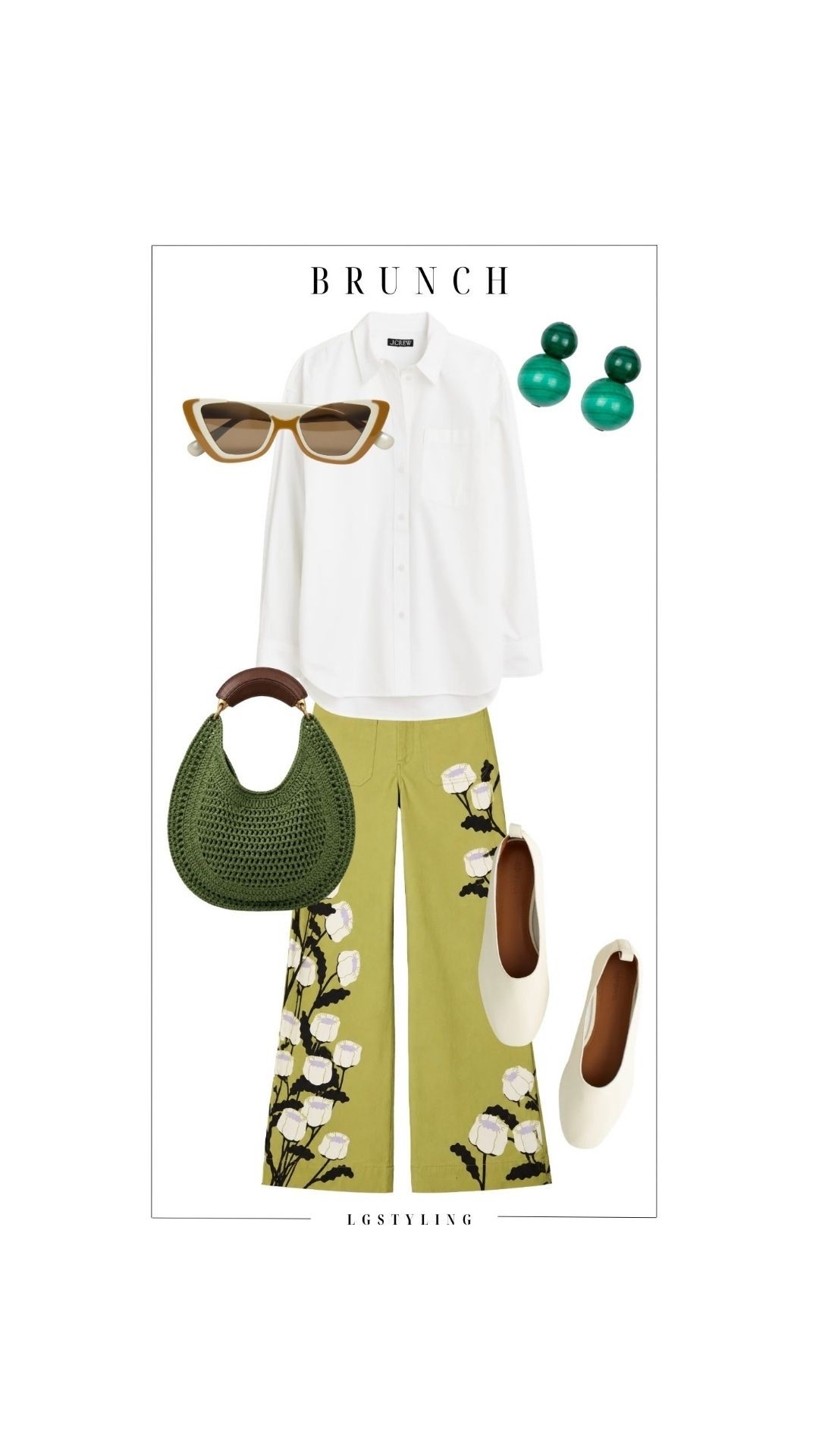 BRUNCH
Weekend brunch in color. 💚 A crisp oversized white button-up balances these statement floral pants, with green accessories tying everything together. Comfortable, playful and still incredibly chic—the kind of outfit that makes getting dressed for brunch more fun.
