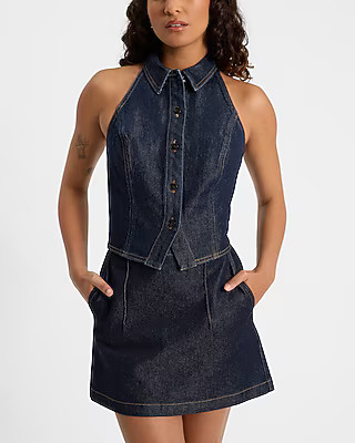 Denim Halter Sleeveless Smocked Back Top | Express
