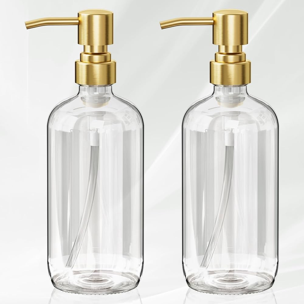 AmazerBath Soap Dispenser, 2 Pack Glass Soap Dispenser with Pump Stainless Steel, 17 Oz Clear Gol... | Amazon (US)