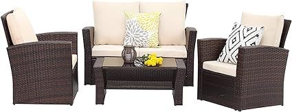 Wisteria Lane 4 Piece Outdoor Patio Furniture Sets, Wicker Conversation Set for Porch Deck, Brown... | Amazon (US)