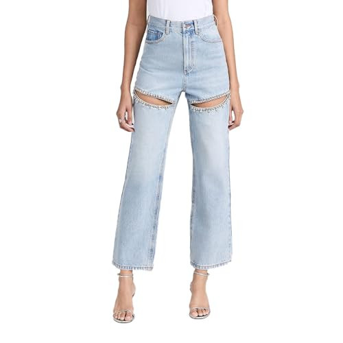 LaurelTree Women's Baggy High Waist Jeans with Rhinestone Studded Cut Outs Ripped Bedazzled Denim Fashion Y2K Wide Leg Pants (Blue Rhinestone,Medium,Medium) | Amazon (US)