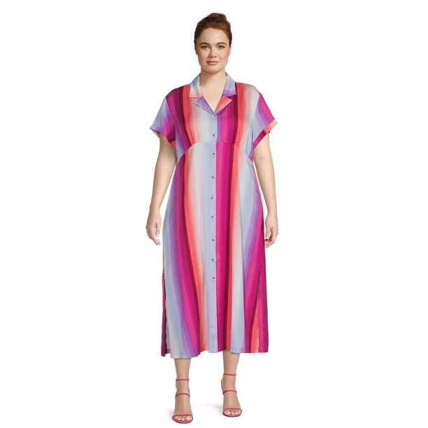 Terra & Sky Women's Plus Size Roll Cuff Maxi Shirt Dress | Walmart (US)