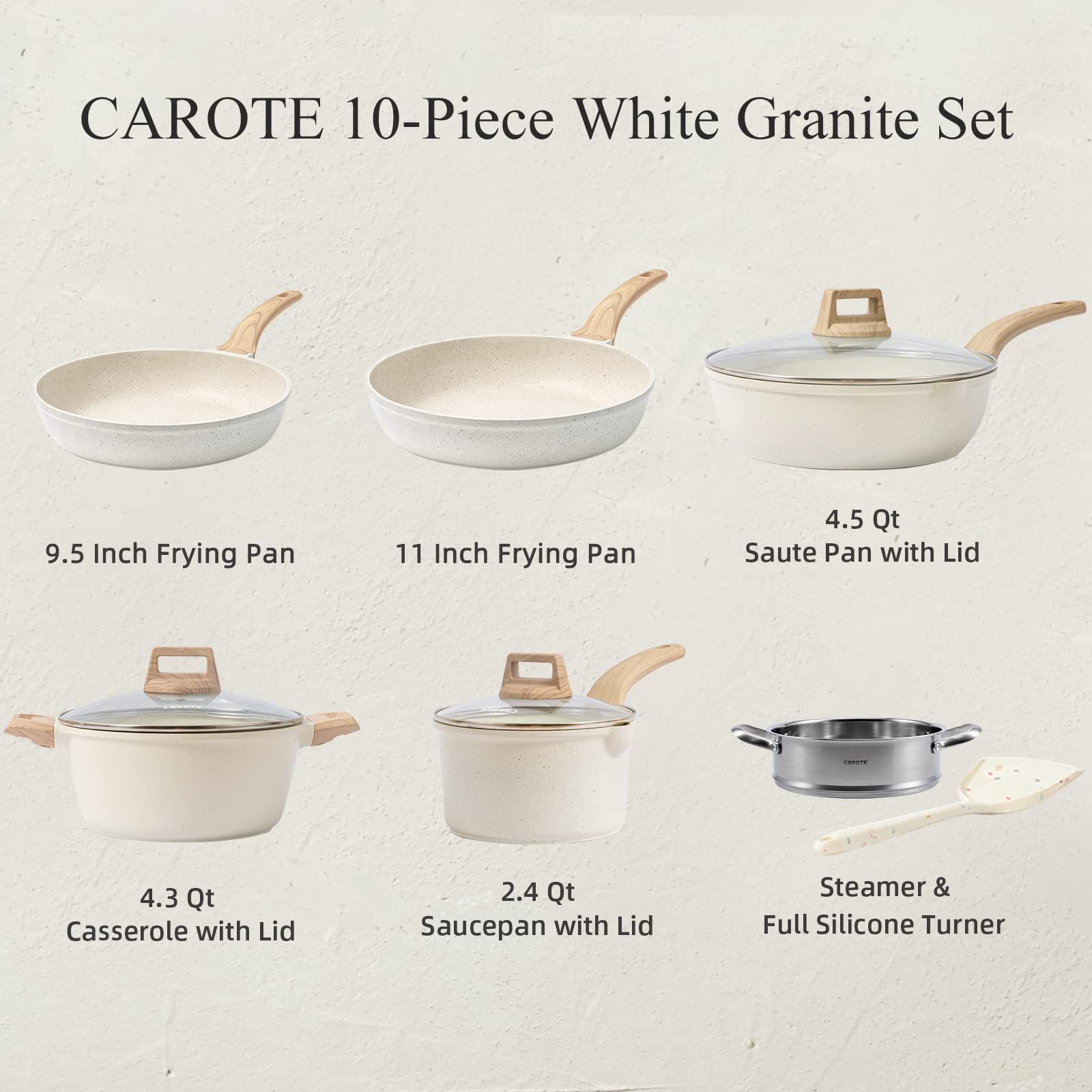 CAROTE Pots and Pans Set Nonstick, White Granite Induction Kitchen Cookware Sets, 10 Pcs Non Stic... | Amazon (US)