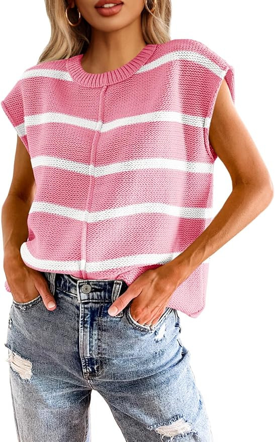 Saodimallsu Womens Cap Sleeve Tank Tops Striped Crew Neck Casual Loose Fit Spring Summer Pullover... | Amazon (US)