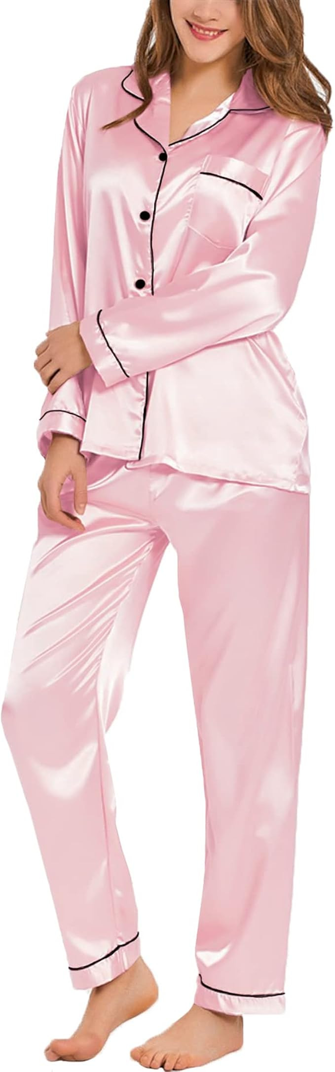 SWOMOG Womens Silk Satin Pajamas Loungewear Two-piece Sleepwear Button-Down Pj Set | Amazon (US)