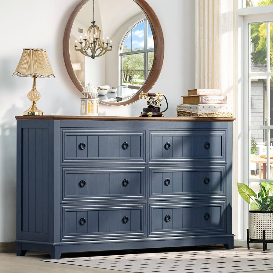 6 Drawers Dresser for Bedroom, Farmhouse 54 Inch Wide Wood Dresser Chest of Drawers, Vintage Desi... | Amazon (US)
