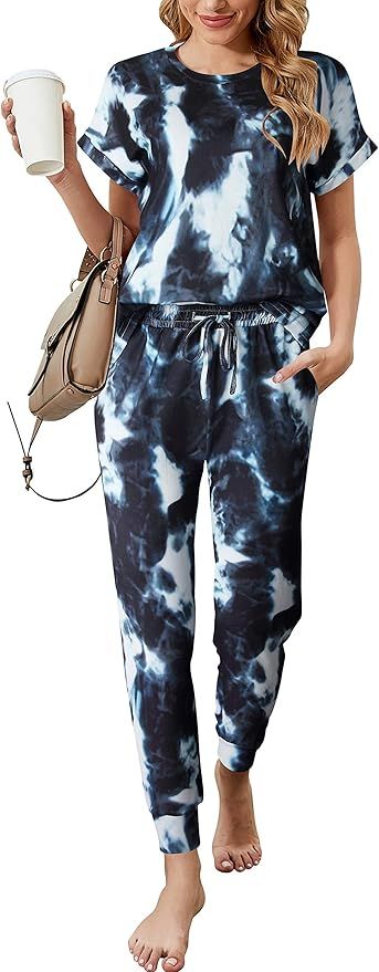 Prinbara Women's Two Piece Outfit Tie Dye Print Lounge Sets Short Sleeve Shirts And Pants Pajamas... | Amazon (US)