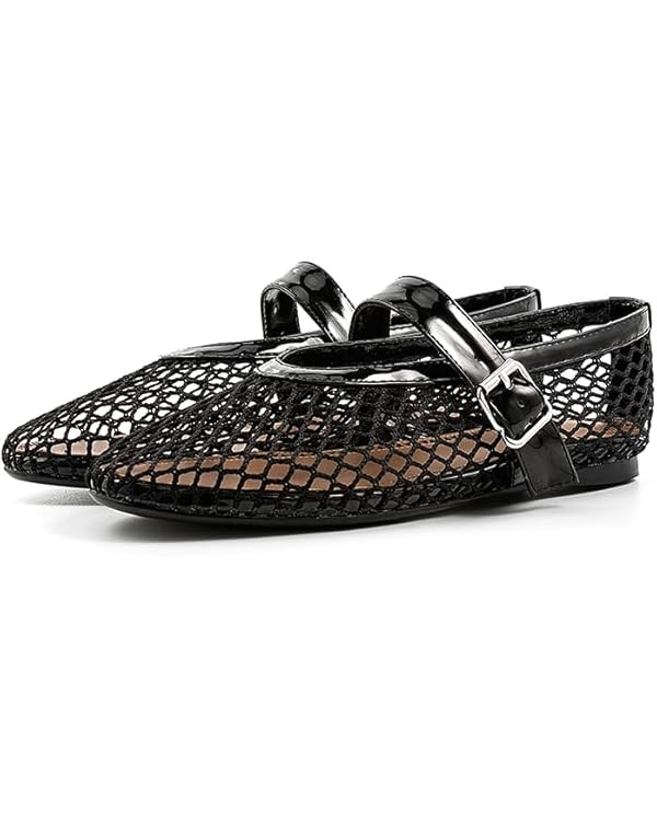 Women's Mesh Pumps Falt Ballet for Lady Casual Soft Rounded Toe Cute Buckle Mary Jane Shoes | Amazon (US)