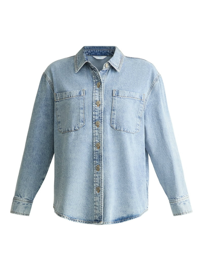 Time and Tru Women's Denim Overshirt with Long Sleeves, Sizes XS-XXXL | Walmart (US)