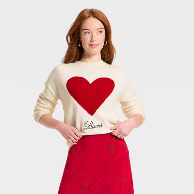 Women's Long Sleeve Pullover Heart Sweater - A New Day™ Cream XL | Target