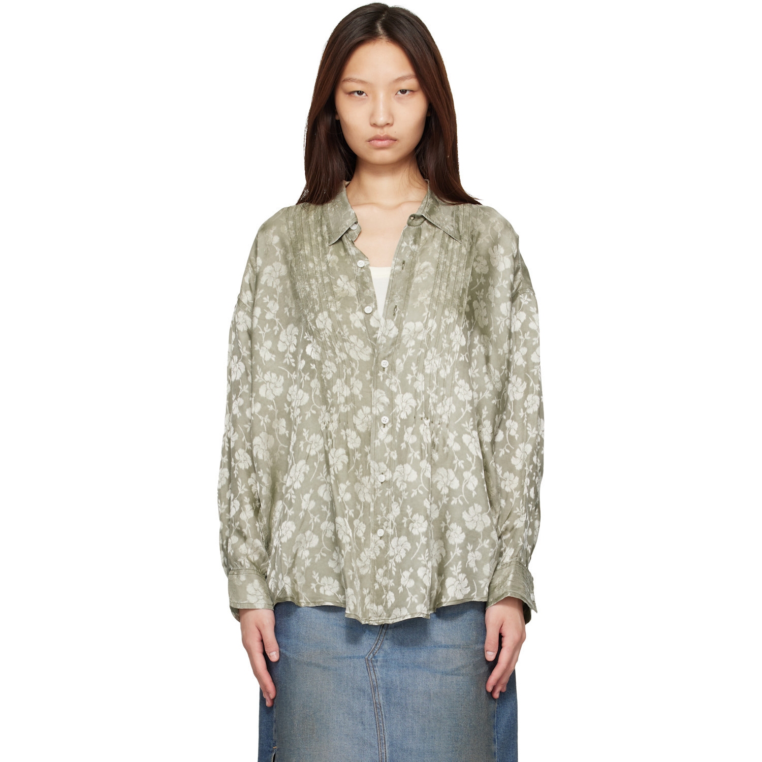 R13 Khaki Pintuck Drop Neck Shirt | SSENSE