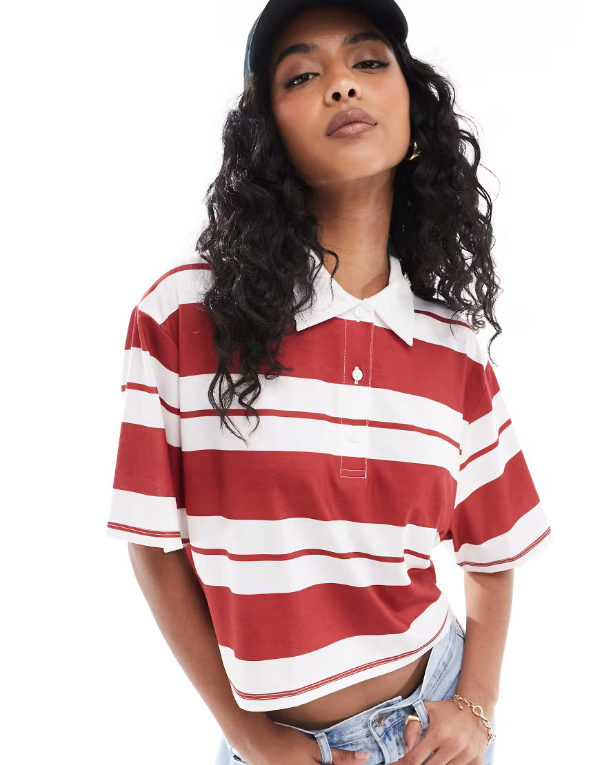 ASOS DESIGN stripe rugby polo crop top in red-Multi | ASOS (Global)