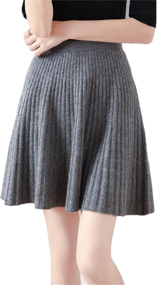 Short Skirt Women's Fall Winter 100% Merino Wool Knitted Skirt Girl's Ribbed Elastic Waist Skirts | Amazon (US)