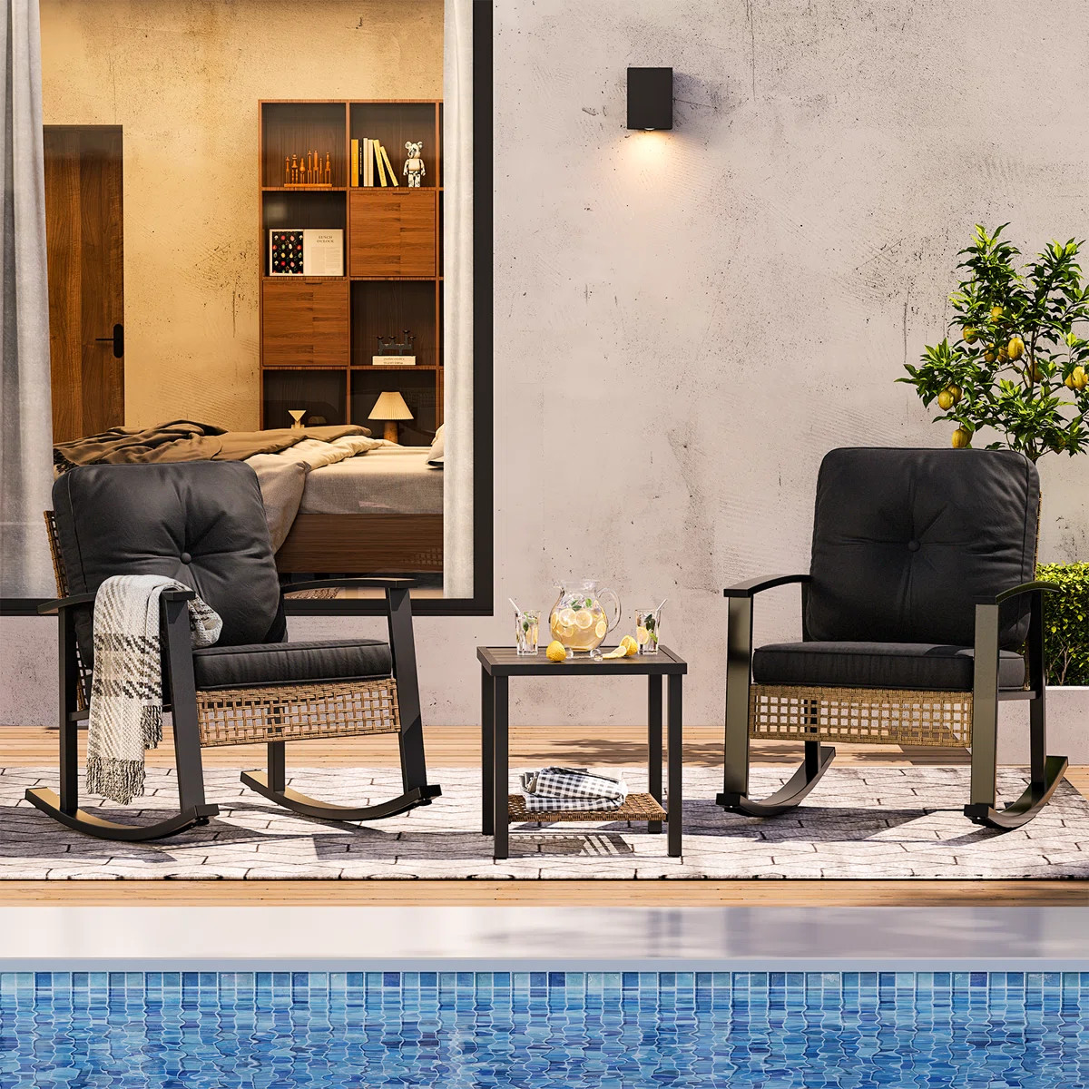 2 - Person Rocking Bistro Set, Patio Rocking Wicker Conversation Set With Cushions, Outdoor Patio... | Wayfair North America