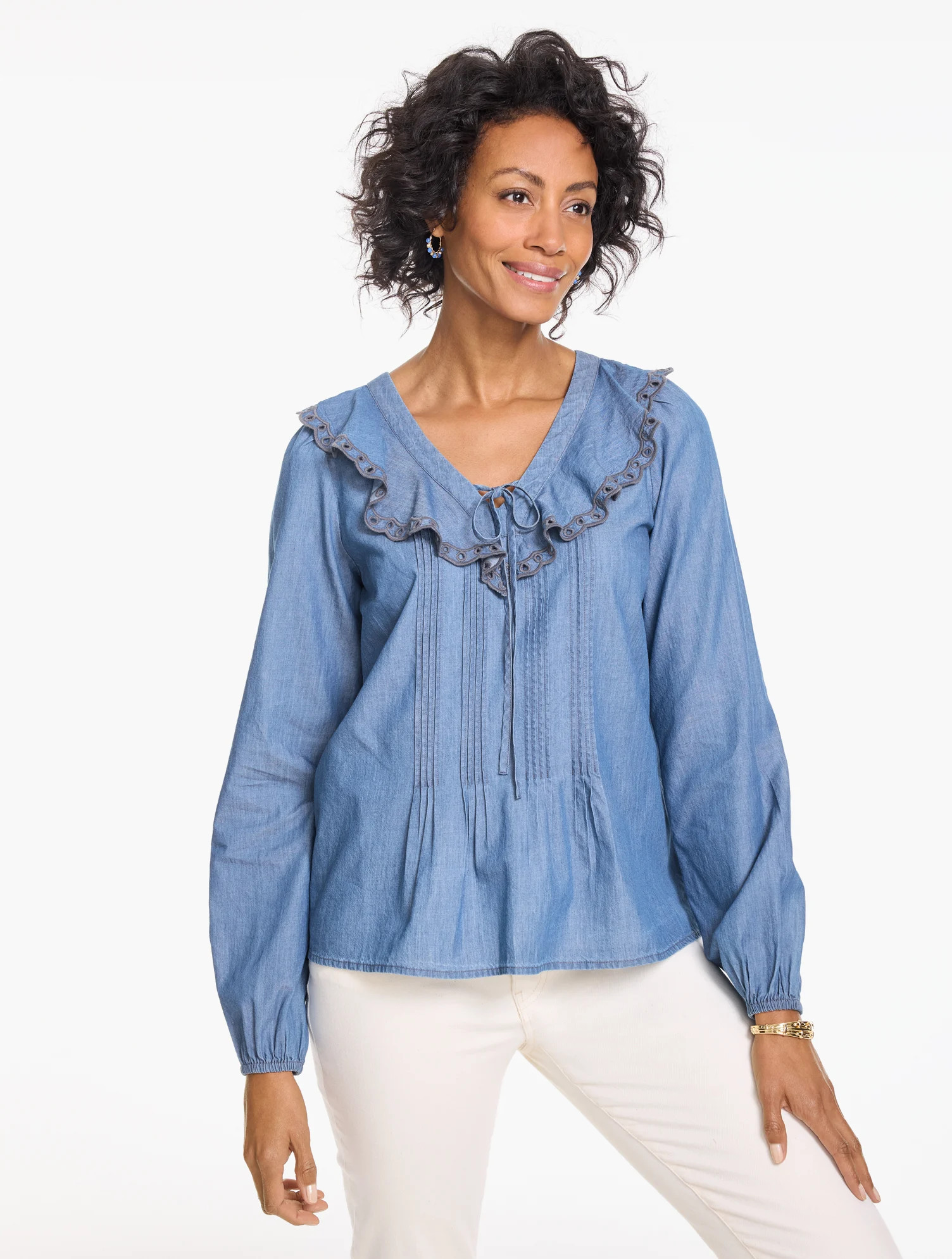 Petite - Chambray Pintuck Top - Medium Blue Wash - XL - 100% Cotton Talbots | Talbots