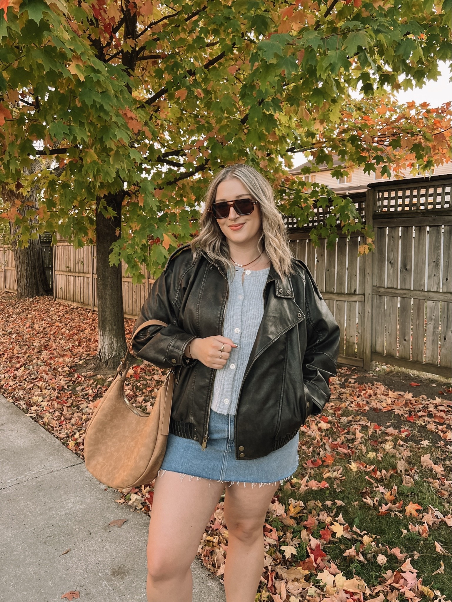 Fall outfit from last year - my fave leather jacket is back! Wearing L in the jacket, 32 in denim skirt. Linked similar cardigan

#LTKfall #LTKmidsize #LTKstyletip