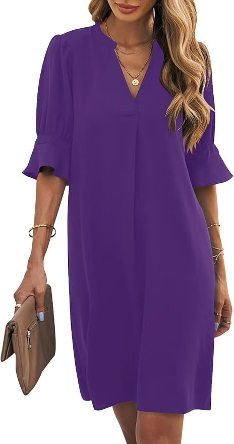 Womens Summer Ruffle Short Sleeve V Neck Shift Dress | Vacation Travel Outfit, Basic Flowy Swing ... | Amazon (US)