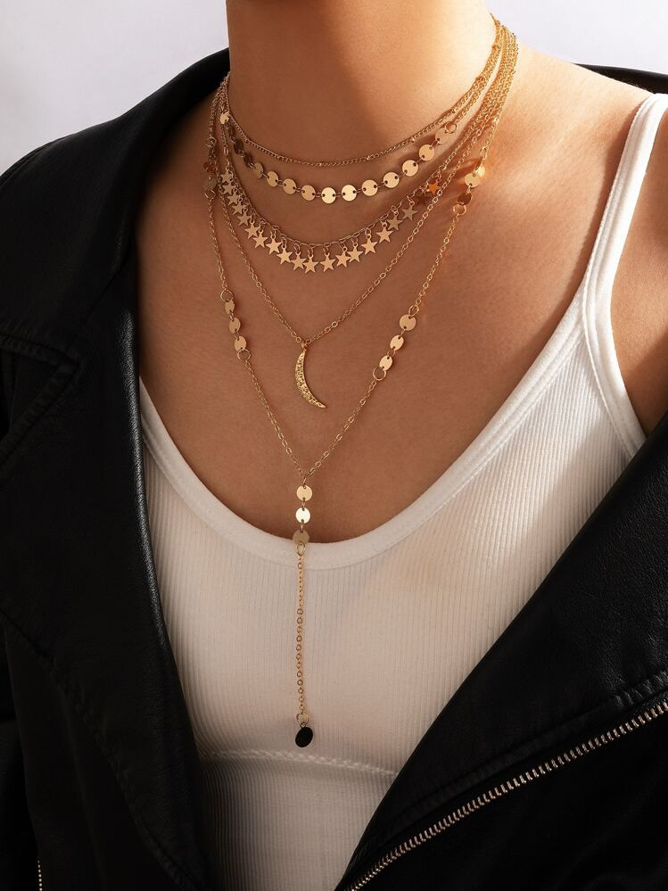 Imoli Moon & Disc Charm Layered Necklace | SHEIN