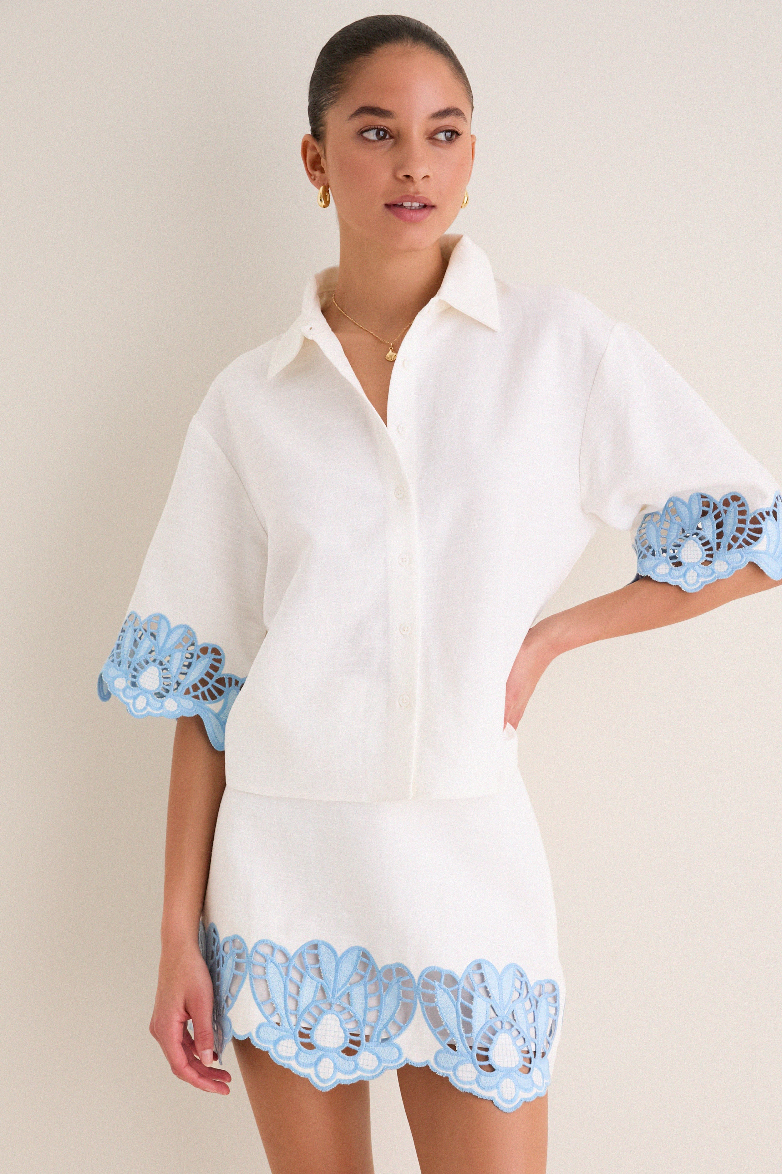 Sky Blue Embroidered Button-Up Beatrix Shirt | Tuckernuck (US)