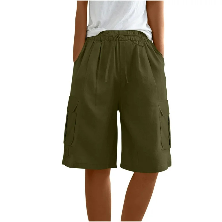 OVARAWU Women's Knee Length Shorts Baggy Wide Leg Linen Shorts Elastictaed Waist Ladies Summer Ca... | Walmart (US)