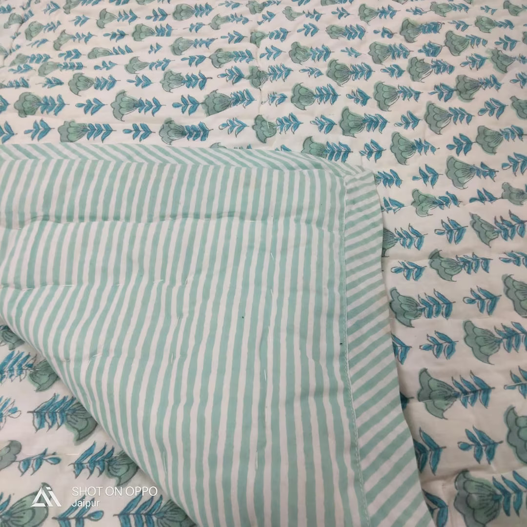 Block Printed Quilted Throw Blanket 100% Cotton Quilt, Cover for Couch and Bed, Sage Lap Bedding ... | Etsy (US)