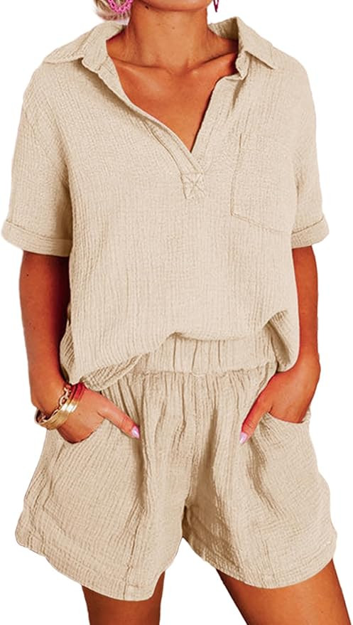Dokotoo Women's Two Piece Outfits V Neck Short Sleeve Shirts and High Waist Shorts Lounge Sets | Amazon (US)