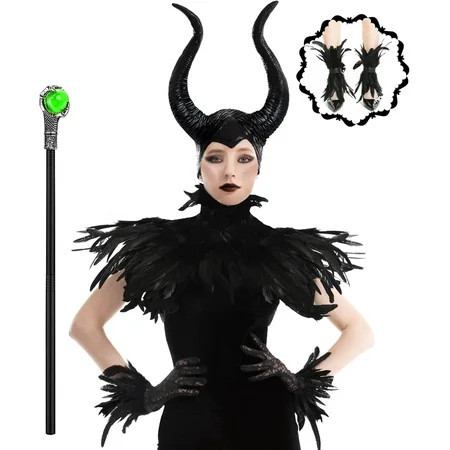 Women's Halloween Maleficent Costume, Gothic Black Crow Darkness Suits with Horn, Staff, Feather Cape Shawl and Long Lace Gloves and Footcovers for Adult Evil Witch Maleficent Queen Cosplay Party | Walmart (US)